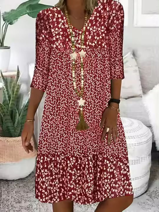 Vestido De Verano Para Mujer Estampado V-cuello Suelto Midi Casual Elegante Moda Playa Ropa Femenina De Cintura Alta Estilo Casual - 1