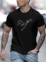Camiseta De Verano Para Hombre Algodón 100% Ajustada Con Línea De Dibujo High Fives Estampada Cuello Redondo Manga Corta Deportiva Casual - details 5