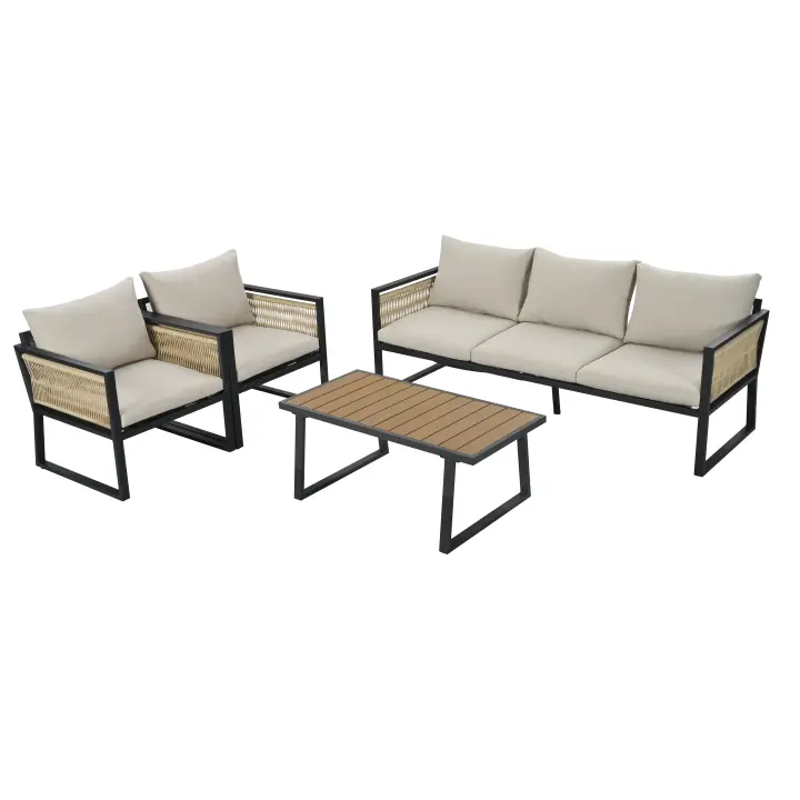 Juego de sillas de Ocio de Jardín, 4 piezas Juego de muebles de Jardín, sofá para tres plazas, 2 Sillas y Mesa de café, exterior, encima de plástico de Madera, reposabrazos de Cuerda, arco galvanizado, beige - 1