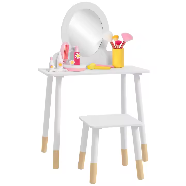 AIYAPLAY Tocador para Niñas con Taburete Tocador de Maquillaje para Niñas de +3 Años Tocador Infantil con Espejo Diseño Sencillo Blanco - 1
