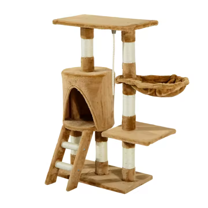 PawHut Árbol para gatos Rascador con Nido Plataforma Caseta Escalera Cuerda de Juego 55x30x95 cm Tablero de Madera y Cubierto de Felpa Marrón - 1