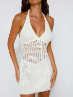 Vestido Mini De Encaje Sin Mangas Con Cuello Halter Para Mujer Hugcitar 2024 Transparente Corte Sexy A-Line Casual Para Playa Vacaciones Club - details 15