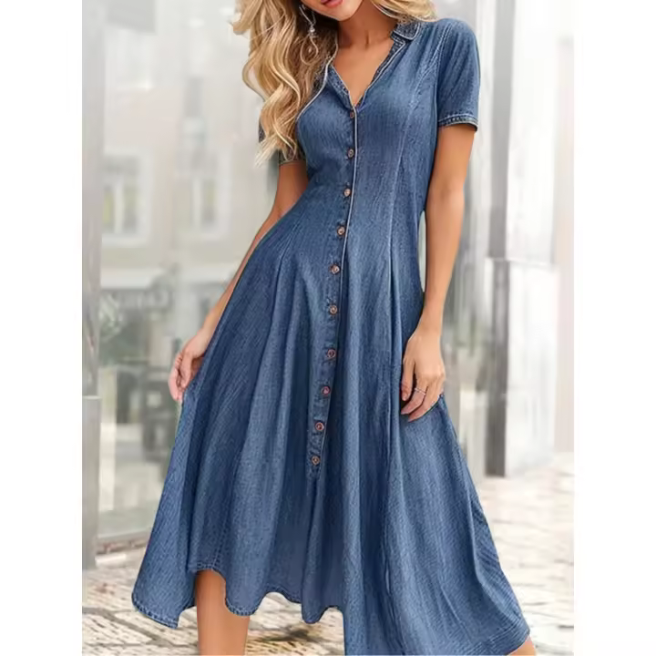 Vestido Largo De Denim Casual Para Mujer Con Abertura Lateral Y Mangas Cortas Color Sólido Vestido Con Hombros Y Botones - 1