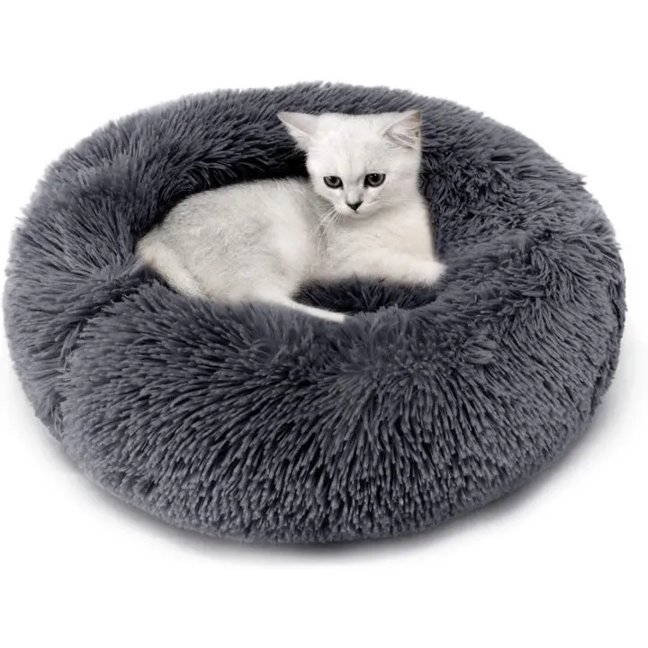 Cama para Perros y Gatos, Cama de Felpa Redonda Suave y antiestrés, Lavable, cálida, para Invierno, Gris, 40 cm - 1