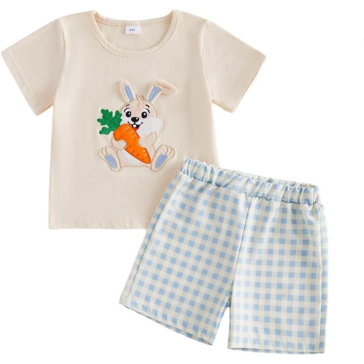 Conjunto de Pascua para Bebé Niño, Camiseta Bordada de Conejito y Pantalón Corto de Cuadros, 2 Piezas