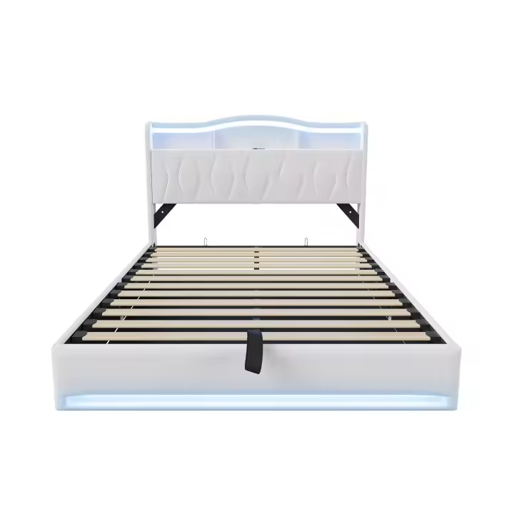 Cama tapizada 140x200 cm en terciopelo blanco crema con canapé abatible, LED RGB, cabecero con almacenaje, USB y USB-C - 1