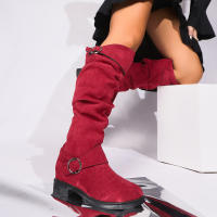 Botas De Rodilla Altas Cómodas Y Elegantes Con Diseño Redondo Y Hebilla Cierre Fácil Para Mujer Estilizada Con Forro De Peluche Material De La Parte Superior De Terciopelo Suave Para Uso Casual - details 11