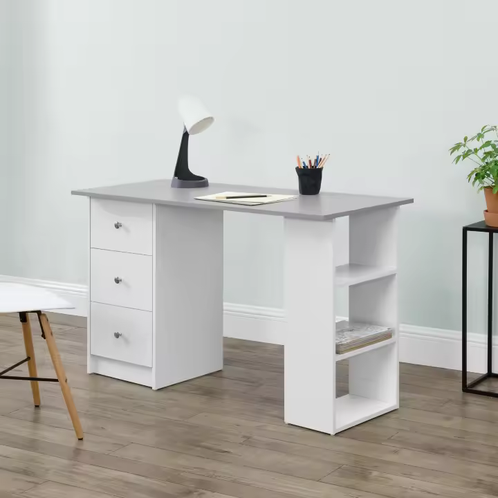 Escritorio de ordenador Lemberg 120 x 49 x 72 cm - 3 Compartimientos y 3 Cajones Blanco/Gris claro [en.casa] - 1