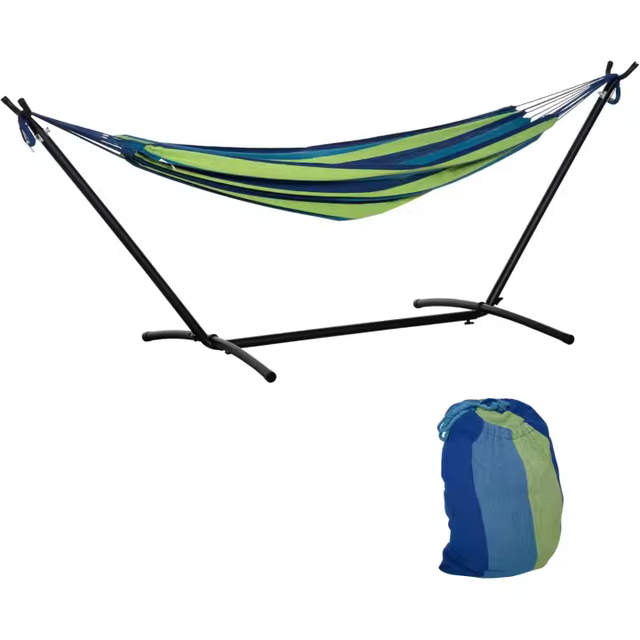 Hamaca con Soporte 310x117 cm Hamaca de Camping con Bolsa de Transporte Portátil Altura Ajustable Carga 120 kg para Patio Terraza Rayas Verde y Azul - 1
