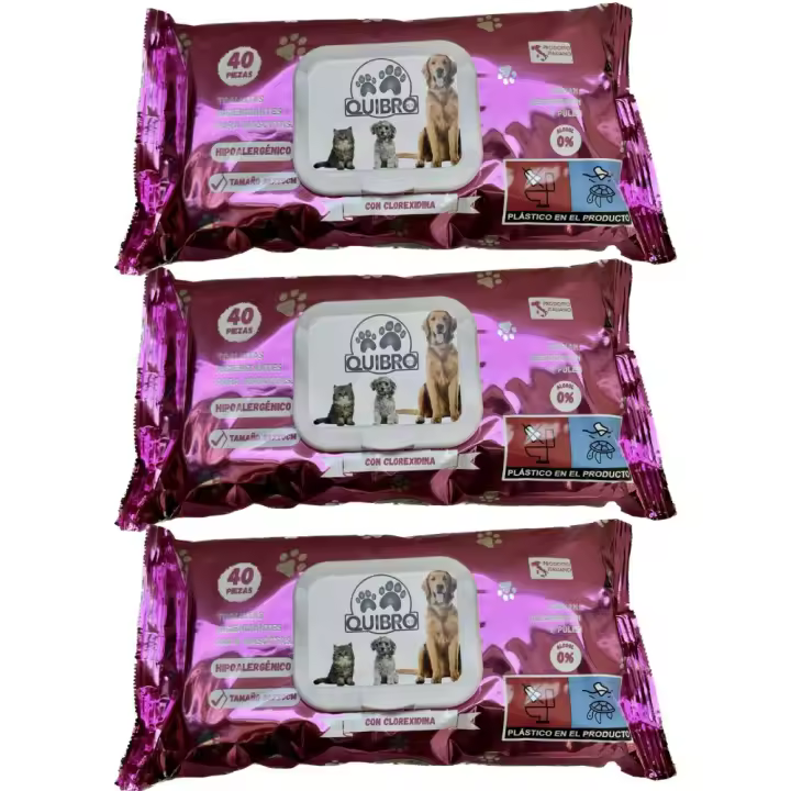 Quibropets Pack 3 paquetes Toallitas Higienizantes para Perros, Gatos y Cachorros Frangancia Clorexidina. 120 uds - 1