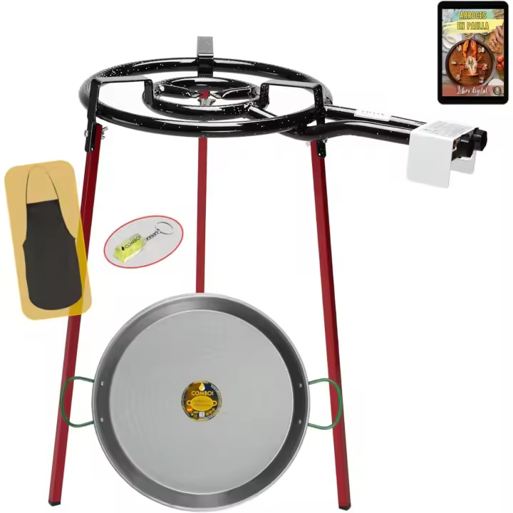 Paellero gas butano 40 cm kit quemador paellera de 46 cm Soporte de 3 Patas nivel delantal libro de recetas digital - 1