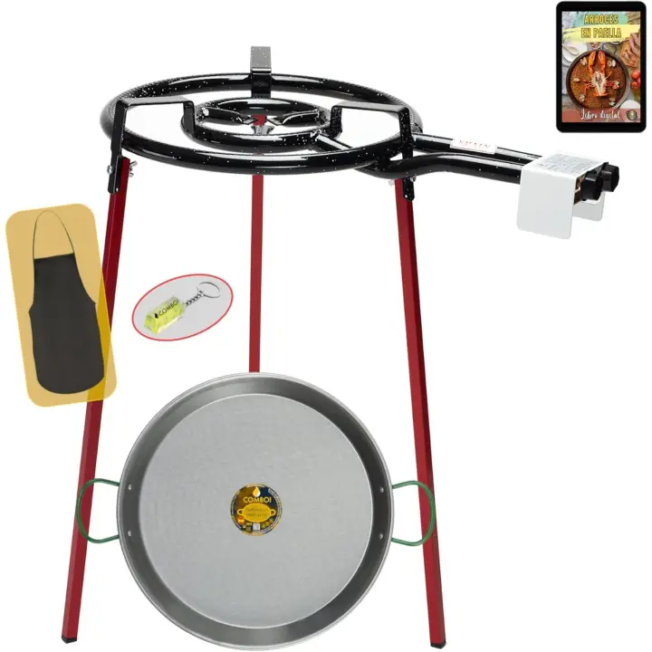 Paellero gas butano 40 cm kit quemador paellera de 46 cm Soporte de 3 Patas nivel delantal libro de recetas digital - 1