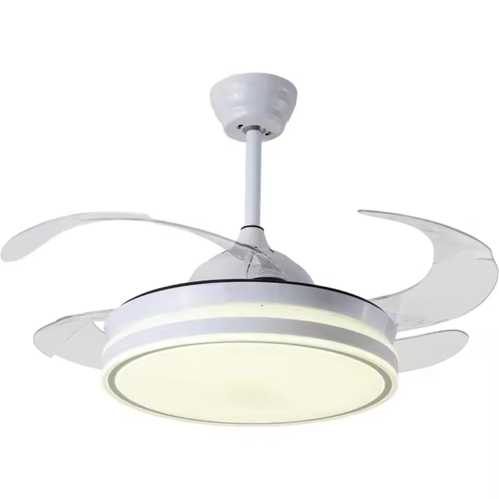 Ventilador de techo - Motor DC de 6 velocidades - Aspas retráctiles silenciosas - Luz LED - 3 temperaturas - Control remoto, Blanco, Policarbonato - 1