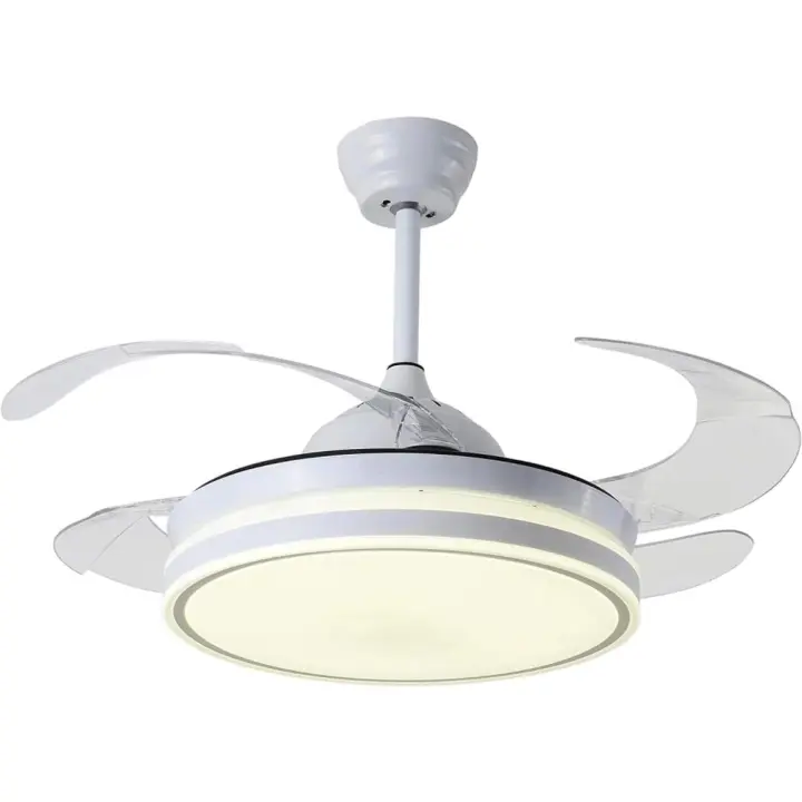 Ventilador de techo - Motor DC de 6 velocidades - Aspas retráctiles silenciosas - Luz LED - 3 temperaturas - Control remoto, Blanco, Policarbonato - 1