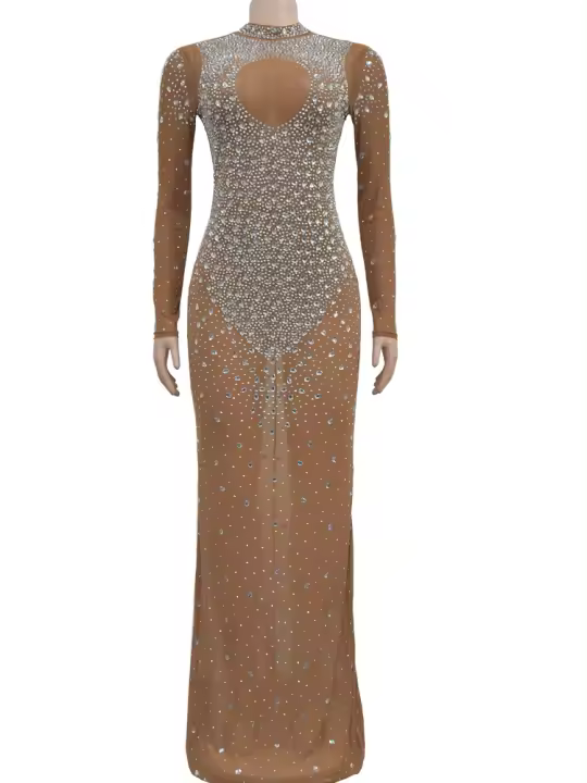 Vestido Largo De Maxi Unipersonal De Plata Con Rhinestone Para Mujer Vestido De Fiesta Con Secuincias Transparentes Ajustado Y Sexy Para Clubes Y Celebridades - 1