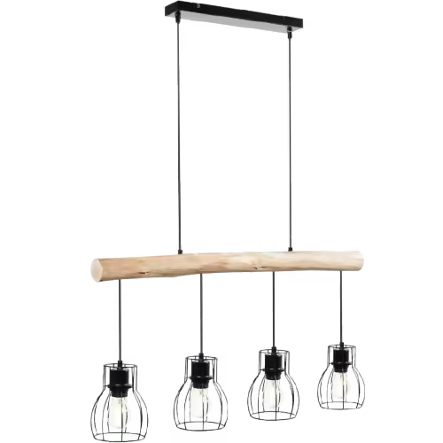 Tectake - Lámpara colgante WOODY, 4 luces, con viga de madera y 40 W, Lámpara colgante elegante en el moderno estilo industrial, Pantallas de lámpara de rejilla de acero resistente y pintado, Viga de madera estable con un toque rústico - 1