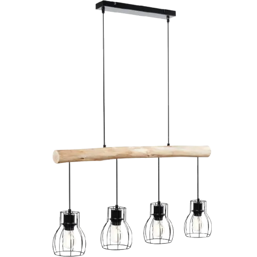 Tectake - Lámpara colgante WOODY, 4 luces, con viga de madera y 40 W, Lámpara colgante elegante en el moderno estilo industrial, Pantallas de lámpara de rejilla de acero resistente y pintado, Viga de madera estable con un toque rústico - 1