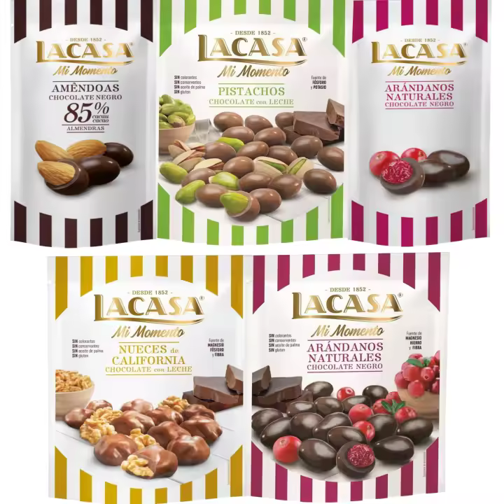 Lacasa Mi Momento pack de 5:Arándano choco Negro 60G,Almendra 85% 65G,Arándano choco Negro 125G,Nueces Leche 115G,Pistacho Leche 100G - 1
