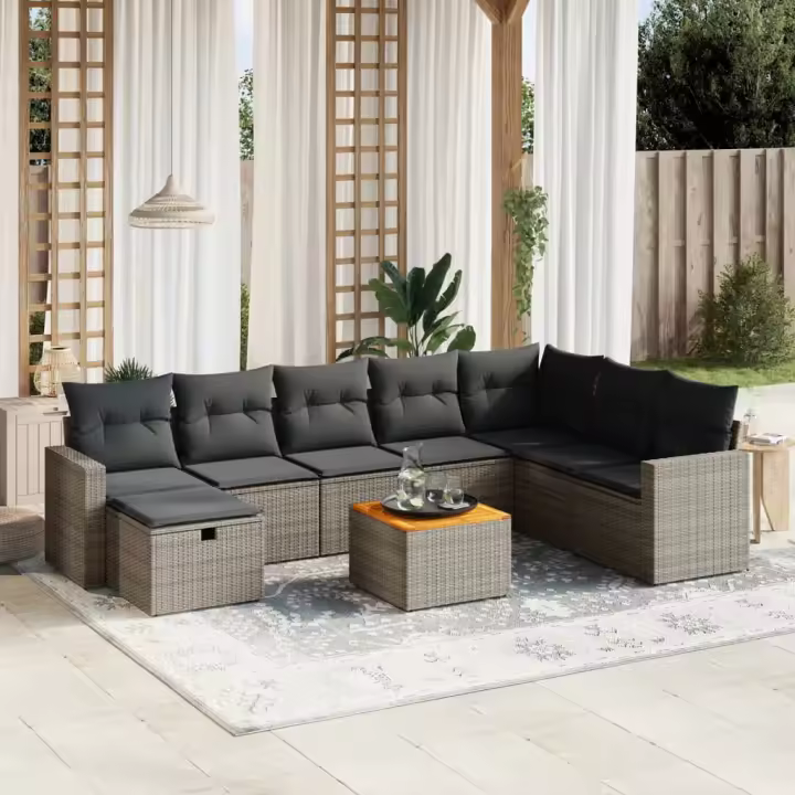 vidaXL Set de muebles de jardín 9 pzas y cojines ratán sintético gris - 1