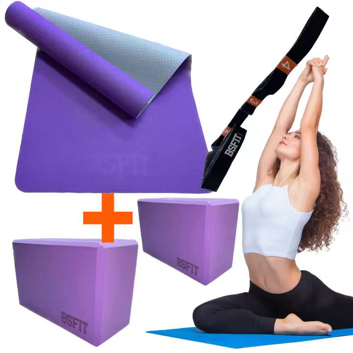 BSFIT® Kit Completo Yoga y Pilates, 1 esterilla de TPE premium 173x61x0,04 cm Embarazo, , 2 bloques ladrillo brick de yoga espuma eva 15x22,5x10 cms, 1 cinta de estiramiento - 1