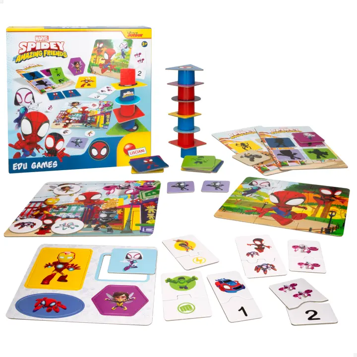 Spidey - Set 10 Juegos educativos Spidey para niños con fichas de cartón y cilindros de plástico, Superhéroes Marvel, Juego Spiderman, Juguete para niños y niñas, Regalo a partir de 2 años - 1