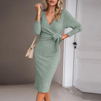 Vestido Largo De Encaje Solido Para Mujer Embarazada Con Cuello En V Y Mangas Largas Abrazador De Cintura Para Invierno Ropa Casual De Polyester Y Spandex - details 1