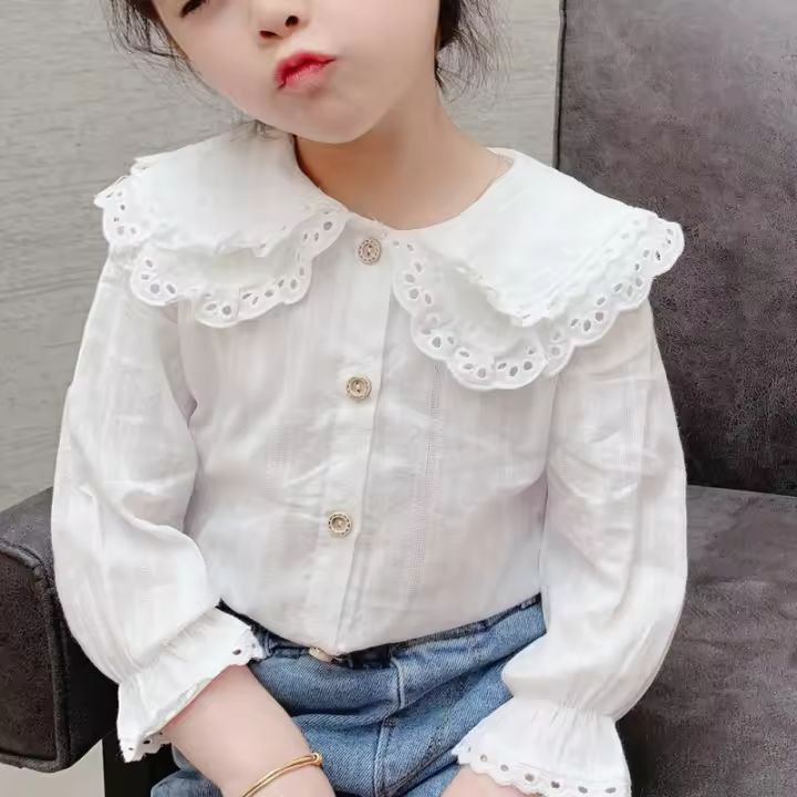 Camiseta De Larga Manga Para Niñas 1-8 Años Estilo Coreano Con Cuello En Volante Blanco Ropa De Otoño Para Niñas Talla True - 1