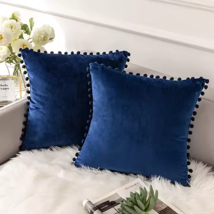 Fundas de Fundas Decorativos Verde with Pompones de Terciopelo Solido Azul Oscuro 18x18 - Juego de 2 - 1