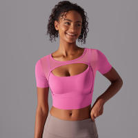 Camiseta de manga corta para Yoga, Top Sexy de Doble Capa, ropa de Malla empalmada, Sujetador Deportivo para correr y Fitness, Color sólido, Mujer - details 20