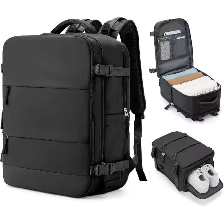 Mochila viaje cabina avion 47x35x25，Cecodadi Mochila de viaje minimalista urbana de cuero de vaca compuesto impermeable negra - 1