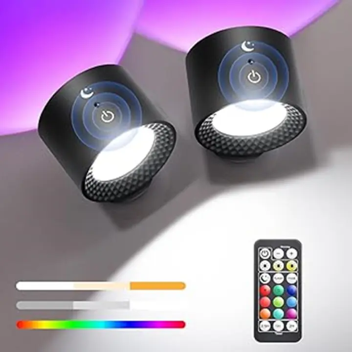 Lámpara De Pared RGB LED Recargable Con Control Remoto 9 Colores Rotación De 360° Luz Nocturna Para Dormitorio Sin Cable - 1