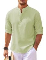 Camisa Larga Para Hombre Estilo Europeo Y Americano Cuello Erguido Botones Parcialmente Abiertos Casual Pirul Plaid Otoño - details 6