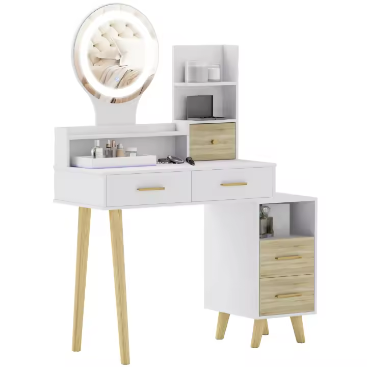 HOMCOM Tocador de Maquillaje con Espejo y Luces LED Mesa de Maquillaje con Iluminación Ajustable 5 Cajones y 4 Compartimentos Tocador para Dormitorio Salón Blanco - 1