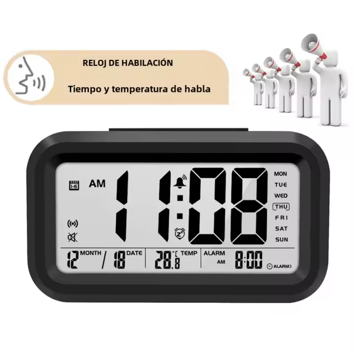 Reloj De Alarma Con Temperatura Y Tiempo En Inglés Reloj Digital Para Dormitorio Con Función Snooze Y Termómetro Para Niños Auxiliar Para Despertarse - 1