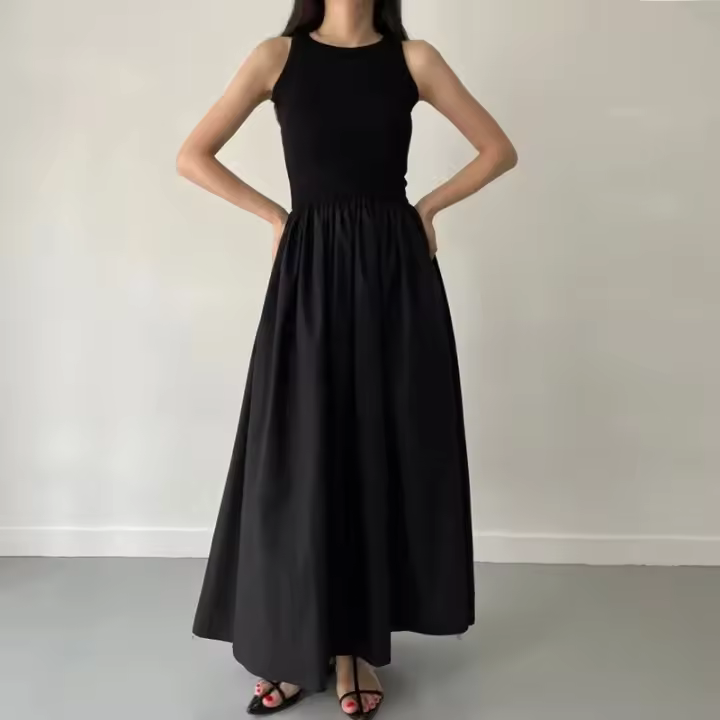 Nuevo Vestido Largo Elegante Y Sencillo Para Mujer En Color Negro Con Cuello Redondo Y Cintura Alta Estilo Moda Casual De Verano Sin Mangas - 1