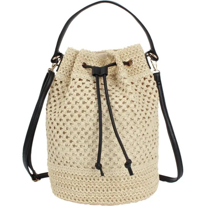 Bolso de hombro pequeño con cordón y tejido de paja, bolso de playa de verano - 1