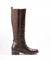 Bota Alta Marrón Chocolate de Piel Sintética, Estilo Ecuestre con Panel Elástico Trasero y Correa con Textura de Cocodrilo. Lyla Wang - details 2