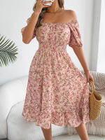 Vestido Elegante De Primavera Y Verano Para Mujer Con Estampado Floral Cuello Cuadrado Manga Corta Volante Al Borde Vestido A-Line De Rodilla - details 4
