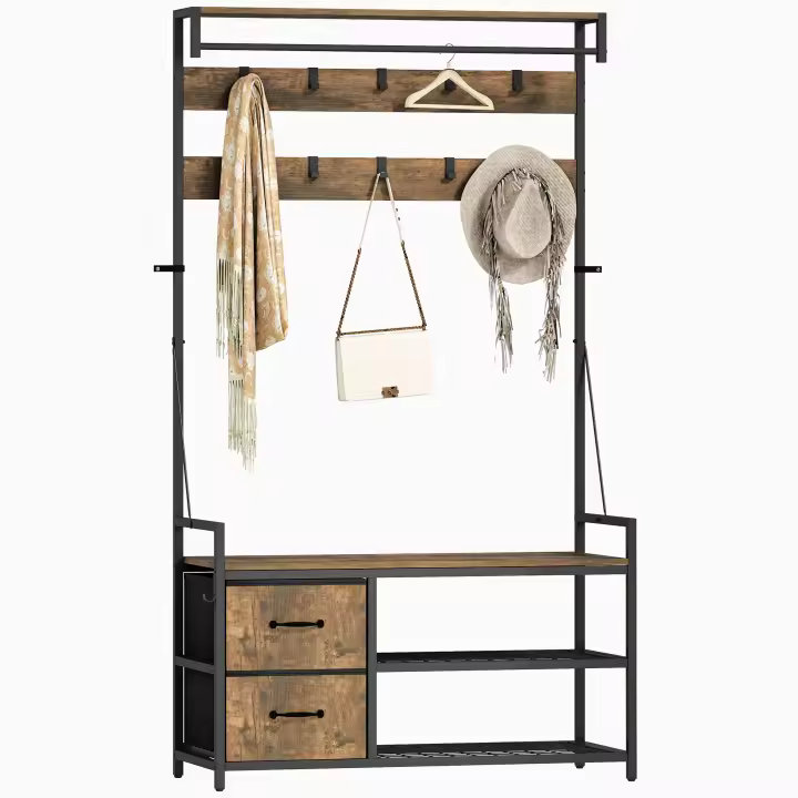 HOMCOM Perchero Zapatero 6 en 1, Perchero Entrada Recibidor con Banco, Zapatero Doble, 10 Ganchos Ajustables, 2 Cajones, Barra Colgante, Estilo Industrial, para Pasillo, 100x40x180 cm, Marrón Rústico - 1