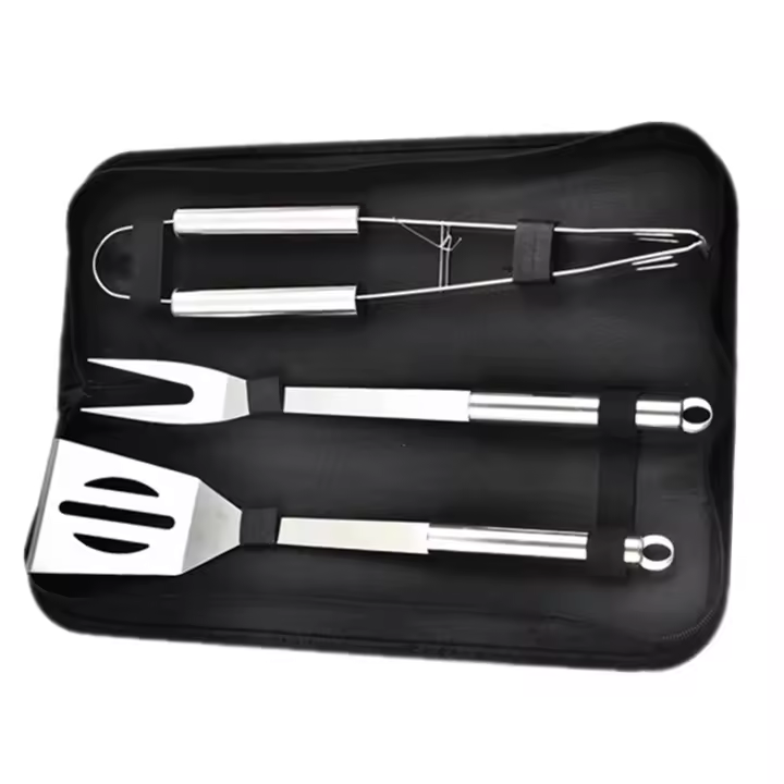 Juego de herramientas para barbacoa de 3 piezas, kit de utensilios para asar a la parrilla de acero inoxidable con estuche de almacenamiento, espátula, pinzas, tenedor, cepillo para rociar y cepillo de limpieza - 1