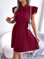 Vestido Elegante De Mujer Verano 2025 Con Volantes Y Lazo Corto Manga Butterfy Color Sólido Pleated Verde Rojo Negro Azul Midi - details 18
