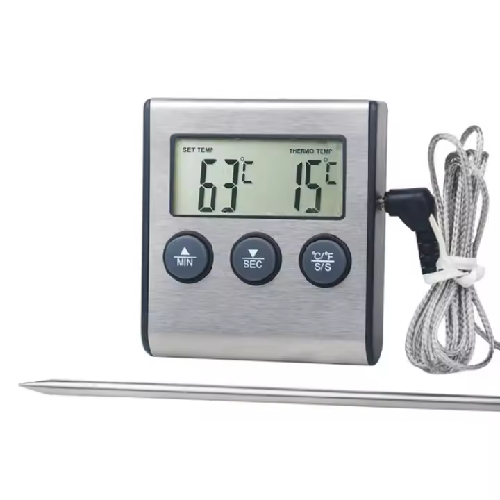 Termómetro digital de cocina con pantalla LCD grande, sonda larga para parrilla, horno, carne, cocina, temperatura, alarma, temporizador, herramienta - 1