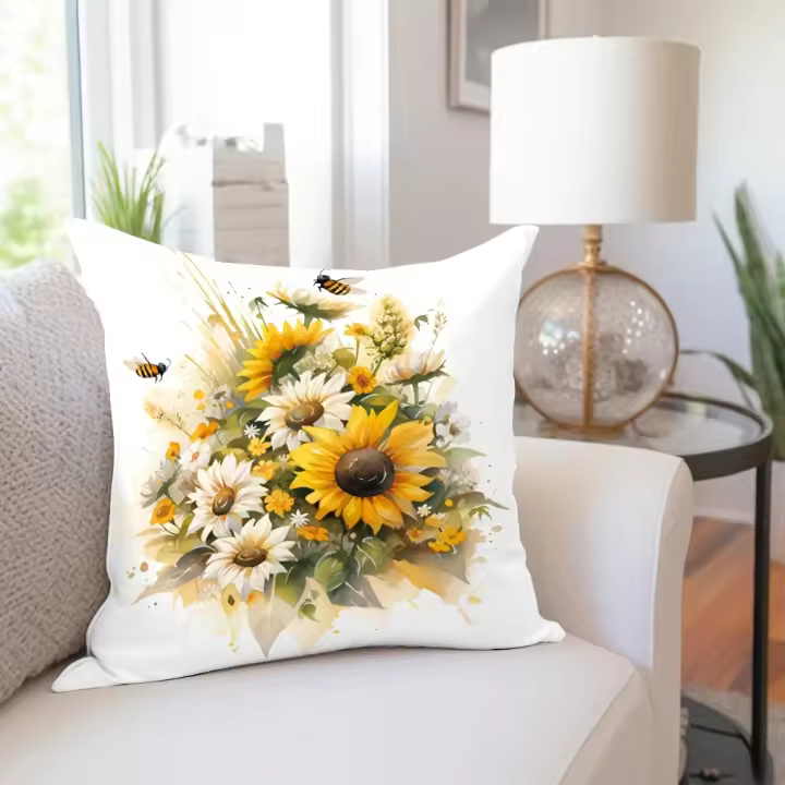  Funda De Cojín De Algodón Flannel Con Patrón De Girasol Acuarela Para Sofás Oficina Fundas De Cojines Decorativas Estilizadas - 1
