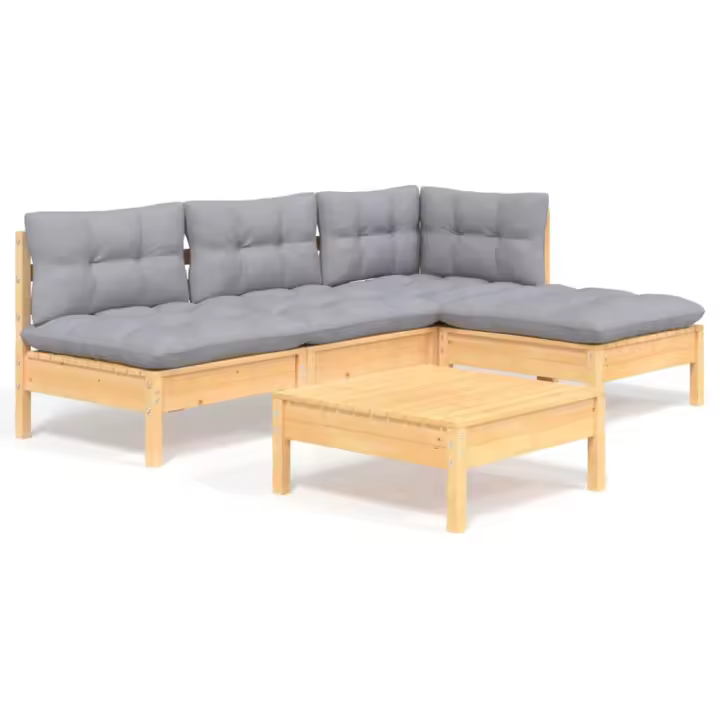 vidaXL Juego de muebles de jardín 5 pzas y cojines madera pino gris - 1
