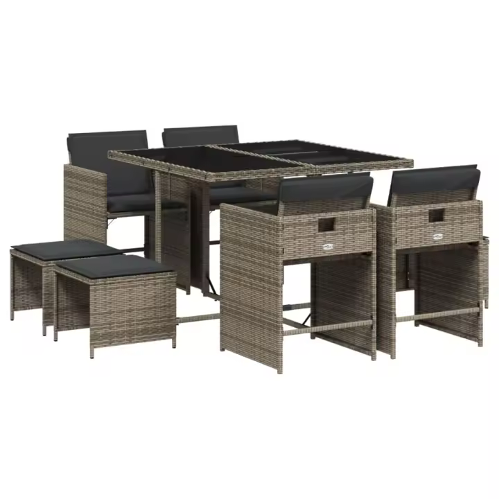 vidaXL Set comedor jardín 9 pzas y cojines ratán sintético gris - 1