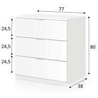 Meimon Cómoda con 3 cajones, 80x77x38 cm, estructura en melamina E1 de 15 mm, cantos melamínicos, cajones en MDF lacado (12/3 mm), guías metálicas no extraíbles, tiradores de aluminio, tacos ABS, carga total 18 kg, blanco, diseño funcional y resistente - details 0