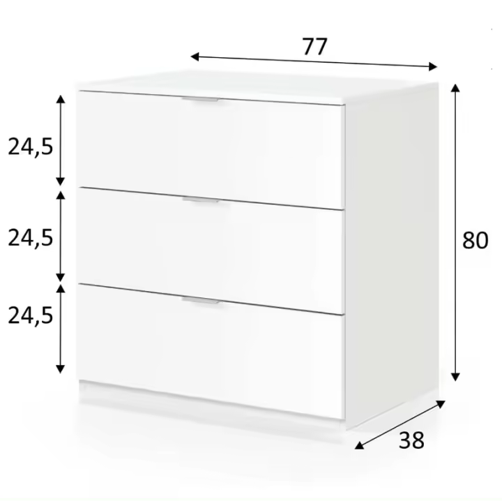 Meimon Cómoda con 3 cajones, 80x77x38 cm, estructura en melamina E1 de 15 mm, cantos melamínicos, cajones en MDF lacado (12/3 mm), guías metálicas no extraíbles, tiradores de aluminio, tacos ABS, carga total 18 kg, blanco, diseño funcional y resistente - 1