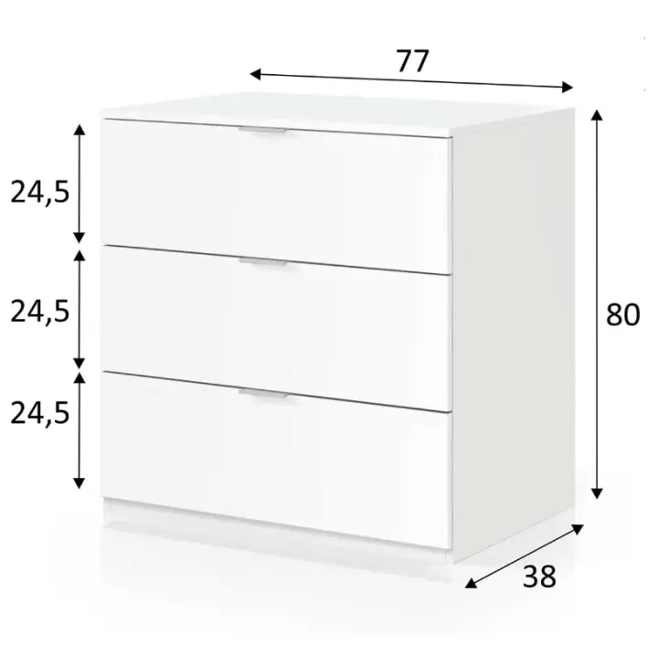 Meimon Cómoda con 3 cajones, 80x77x38 cm, estructura en melamina E1 de 15 mm, cantos melamínicos, cajones en MDF lacado (12/3 mm), guías metálicas no extraíbles, tiradores de aluminio, tacos ABS, carga total 18 kg, blanco, diseño funcional y resistente - 1