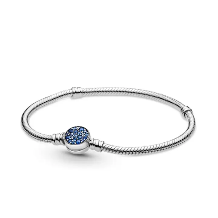PANDORA Moments Sparkling Blue Disc Clasp Snake Chain 925 pulsera de plata de ley, 599288C01 - 1