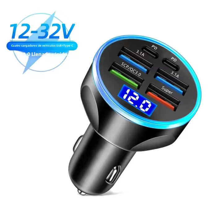 Cargador De Coche LED 6 Puertos 66W USB Carga Rápida PD QC3.0 Con Pantalla Adaptador Tipo C Para iPhone Samsung Xiaomi - 1